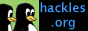 the two penguins from hackles looking at teal text that says hackles.org